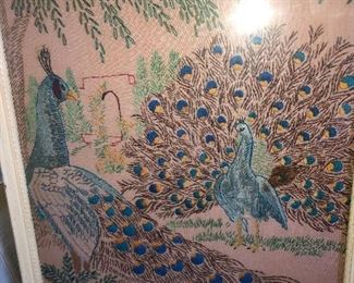 Closer View Of Rare Family Hand Crafted Needlepointe With Peacock Bird Designs In Its Original Frame. Remarkable Well Planned Artistic Colors !!!