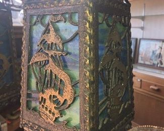 CLOSE UP VIEW OF A PAIR OFF RARE PERIOD BRONZE TORCH LIGHTS WITH FISHER SHIP LOGO - BLUE STAINED GLASS AND WORK EXCELLENT - MINT CONDITION NO DAMAGE