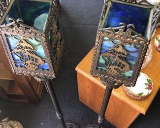 PAIR OFF RARE PERIOD BRONZE TORCH LIGHTS WITH FISHER SHIP LOGO - BLUE STAINED GLASS AND WORK EXCELLENT - MINT CONDITION NO DAMAGE