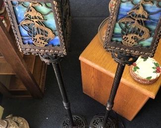 PAIR OFF RARE PERIOD BRONZE TORCH LIGHTS WITH FISHER SHIP LOGO - BLUE STAINED GLASS AND WORK EXCELLENT - MINT CONDITION NO DAMAGE