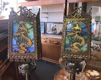 CLOSE UP VIEW OF A PAIR OFF RARE PERIOD BRONZE TORCH LIGHTS WITH FISHER SHIP LOGO - BLUE STAINED GLASS AND WORK EXCELLENT - MINT CONDITION NO DAMAGE