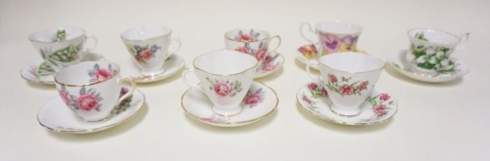 1009	LOT OF 8 ASSORTED TEACUPS & SAUCERS INCLUDING CLARENCE, WINDSOR, DUTCHES, ROYAL ALBERT
