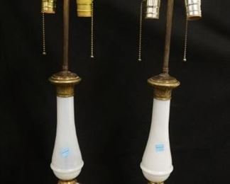 1020	PAIR OF BRASS & OPALESCENT GLASS TABLE LAMPS W/ADJUSTABLE COLLARS FOR SHADE HEIGHT, APPROXIMATELY 34 IN
