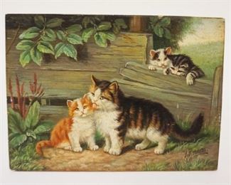1025	ANTIQUE OIL PAINTING ON BOARD OF CAT W/KITTENS, SIGNED LOWER RIGHT, APPROXIMATELY 7 1/4 IN X 5 1/4 IN
