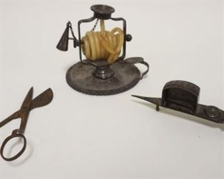 1029	CANDLE & RELATED ANTIQUE LOT, COIL CANDLE NAPPY W/TOUCHMARKS ON BOTTOM, CANDLE SNUFFER & WICK TRIMMER
