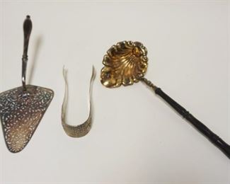 1035	3 PIECE LOT OF SILVERPLATE SERVING PIECES INCLUDING PIE SERVER, LADLE W/GOLD WASH & TONGS W/EMBOSSED SCENE ON HANDLE
