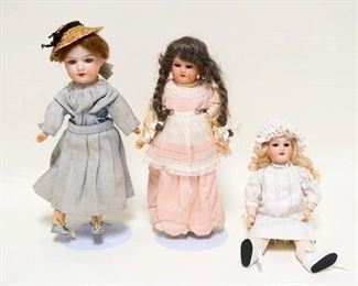 1054	3 ANTIQUE GERMAN BISQUE HEAD DOLLS, ARMAND MARSEILLE, TALLEST IS APPROXIMATELY 12 IN HIGH
