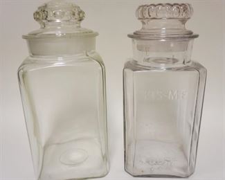 1063	ANTIQUE CANDY STORE COUNTER TOP GLASS CANDY JARS, EMBOSSED *KIS-ME* GUM LOUISVILLE KY, APPROXIMATELY 12 IN HIGH
