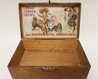 1064	ANTIQUE WOOD FLOWER SEED ADVERTISING BOX *CHOICE FLOWER SEEDS* APPROXIMATELY 7 IN X 11 1/2 IN X 4 IN HIGH
