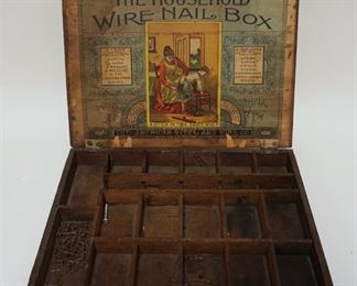 1066	ANTIQUE ADVERTISING WOOD BOX *THE HOUSEHOLD WIRE NAIL BOX*, APPROXIMATELY 10 IN X 13 IN X 2 IN

