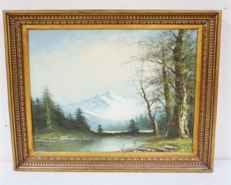 1078	OIL PAINTING ON CANVAS OF STREAM W/SNOW COVERED MOUNTAIN SIDE IN BACKGROUND, APPROXIMATELY 29 IN X 25 IN OVERALL
