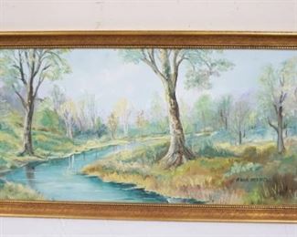 1079	OIL PAINTING ON BOARD OF STREAM IN FOREST, ARTIST SIGNED, APPROXIMATELY 18 IN X 33 IN
