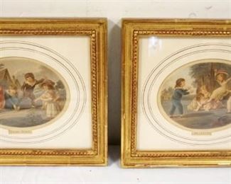 1104	PAIR OF ANTIQUE FRAMED PRINTS OF CHILDREN *SWINGING* & *TRAP BALL*, APPROXIMATELY 10 IN X 12 IN OVERALL
