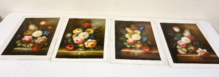 1105	OIL PAINTINGS ON CANVAS LOT OF 4 STILL LIFES, APPROXIMATELY 15 IN X 19 IN OVERALL
