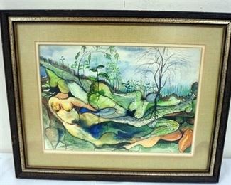 1130	WATER COLOR OF NUDES EMBEDDED IN LANDSCAPE OF HILLSIDE, APPROXIMATELY 16 IN X 20 IN OVERALL, SIGNED DAVIDSON

