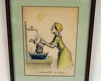 1134	PRINT OF WOMAN WASHING CHILD UNDER SINK, SIGNED LOWER RIGHT, APPROXIMATELY 13 1/2 IN X 17 IN OVERALL
