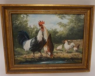 1140	OIL PAINTING ON CANVAS OF ROOSTER AND CHICKENS, SIGNED LOWER RIGHT, APPROXIMATELY 9 IN X 11 1/4 IN OVERALL
