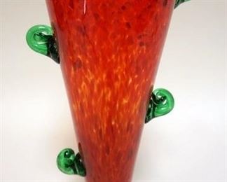 1163	ART GLASS VASE WITH RED TORTOISE SELL BODY AND GREEN RIM WITH APPLIED SWIRLS, APPROXIMATELY 11 1/2 IN H, SIGNED ON BASE
