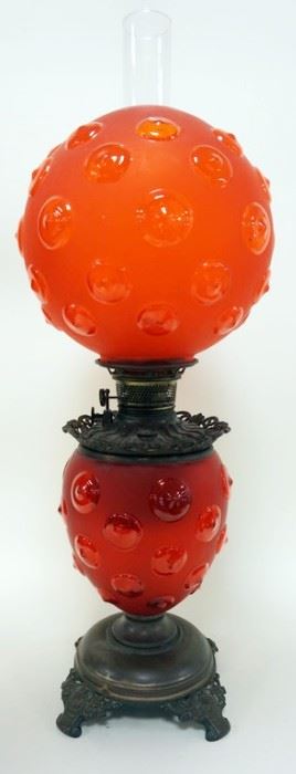 1173	ANTIQUE GONE WITH THE WIND PARLOR LAMP WITH RED SATIN BLASS BULLS EYE FONT AND GLOBE, APPROXIMATELY 29 IN H
