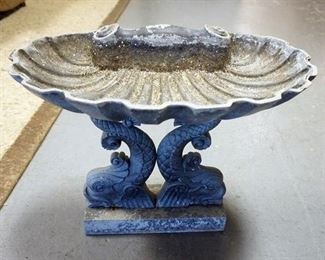 1234	CAST ALUMINUM SHELL BIRD BATH WITH DOLPHIN BASE, APPROXIMATELY 18 IN H
