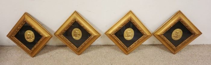 1249	GREEK MYTHOLOGY, SET OF 4 FRAMED OVAL SHAPED CASTINGS IN DIAMOND FRAMES, APPROXIMATELY 17 IN. SOME LOSS TO FRAMES
