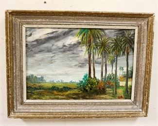 1254	OIL PAINTING ON CANVAS OF PALM TREES, APPROXIMATELY 23 IN X 18 IN SIGNED G.B.
