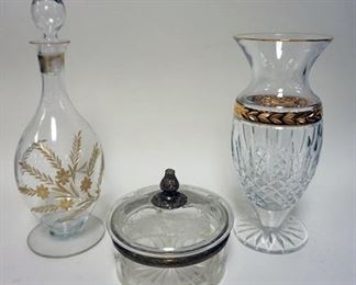 1272	CUT GLASS 3 PIECE LOT, DECANTER, VASE AND COVERED DISH, LARGEST APPROXIMATELY 13 IN H
