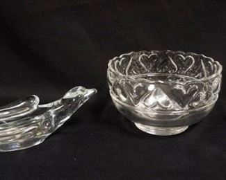 1282	3 PIECE GLASS LOT INCLUDING TIFFANY & CO BOWL & VASE, FRENCH GLASS BIRD DISH, BOWL APPROXIMATELY 8 IN X 5 IN H
