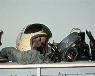 Vintage pilot helmet, uniforms, accessories