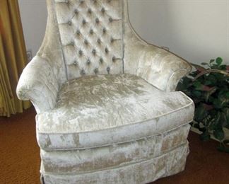 One of two vintage MCM or Hollywood Regency parlor chairs (attractive and in excellent condition).  Described in a 1stDIBS offer as " MCM Platinum Velvet High Back Chair"