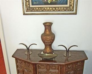 Cabinet with accessories and signed oil painting