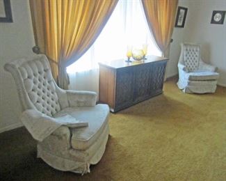 MCM Platinum Velvet High Back Chairs and console cabinet