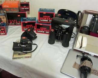 Pentax 35mm SLR with 50 mm lens, with lens: 28mm, 35mm, 105mm, & 300mm & accessories; Mann Shrine 10 x 50 binoculars; Polaroid pathfinder camera; keystone Everflash 20.