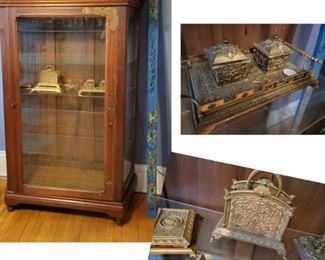 Charming cabinet with antique writing set, complete with blotter