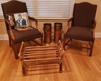 Umbrella stands, bamboo stool, upholstered chairs