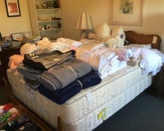Queen bed, mattress, box springs, sheets, comforters, Pendleton blankets