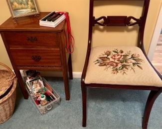 Mahogany Tapestry Chair & Vintage 2 Drawer Cabinet