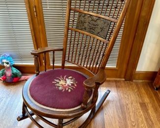 Beautiful Antique Tapestry Seat Rocking Chair