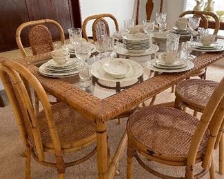 Glass top bamboo table & 6 chairs