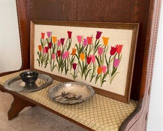 Pub bench & crewel embroidery framed