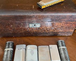 Humidor box, harmonica, lighters, & eyeglasses