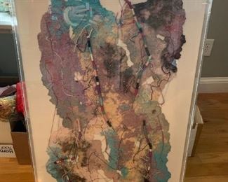 #43	Abstract fiber Art Piece on Canvas w/Plexiglass Frame - 22x36x2"D	 $125.00 
