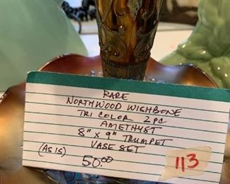 #113	Rare Northwood Wishbone Tri-Color 2 pc Amethyst 8"x9" Trumpet Vase (as is chip)	 $50.00 
