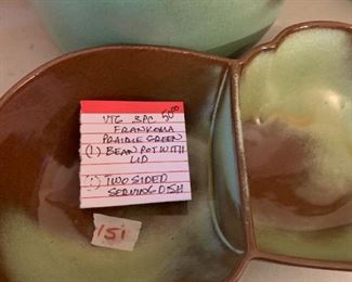 #151	Vtg. 3 pc Frankoma Prairie Green Bean Pot w/Lid & two sided Serving Dish	 $50.00 
