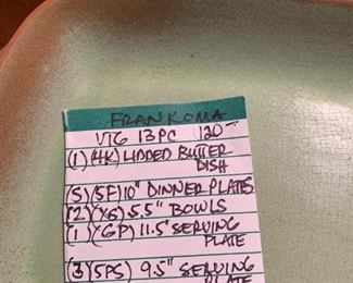 #159	Frankoma 13 piece china set  Prairie green 	 $120.00 
