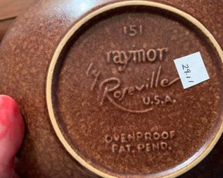 #163	Roseville "Raymor Autumn Brown Roseville Pottery - 5 Dinner Dishes, 4 Saucers, 1 Bonbon dish, 2 Coffee Cups	 $90.00 

