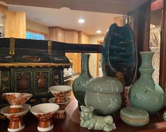 Vintage Korean Celadon Vases, Incense Fountain, Vintage Sake Set