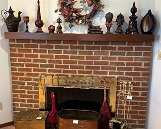 Fireplace Tools; Cooper Tub; Metal Wood Box; Bellows; Wreath; Decor