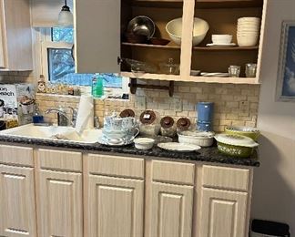 Canisters; Pampered Chef Crocks; Pyrex; Pyrex Mixing Bowls; Corelle; Corning Ware; Bowls; Baskets