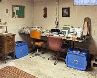 Singer White Featherweight 221 Sewing Machine w/ Case;  Sears Kenmore Sewing Machine 385.16120200; Singer Buttonholer; Sewing Supplies; Desk Chairs; 4 Drawer Filing Cabinet; Sturdy 8ft long Table; Vintage Ironing Board; Cosco Stool; Sewing Cabinet; Totes of material
